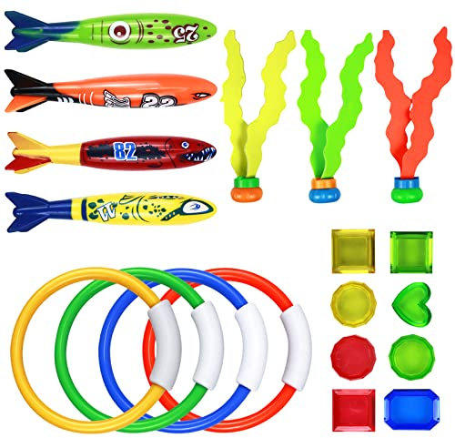 Cozlly 19PCS Diving Toys Set, Swimming Pool Toys for Kids, Underwater Diving Pool Toys Kit, Diving Rings, Diving Torpedo, Gemstones, Diving Ball Streamers, Underwater Diving Game Pool Training Toys