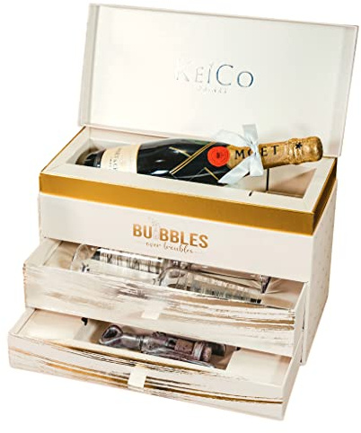 KeiCo Moet Champagne 75cl Luxe Gift Box Hampers with Glass Champagne Flutes & Solid Italian Chocolate Corkscrew (Silver)
