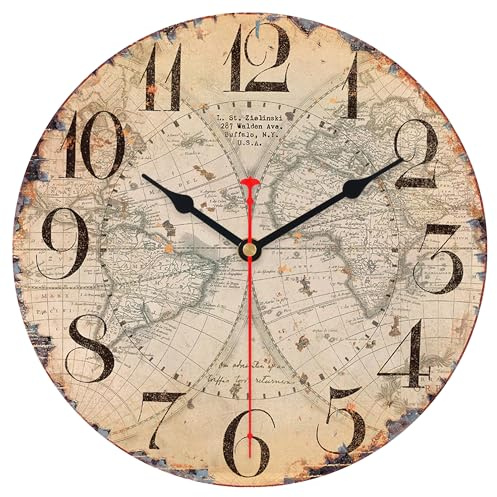 VIKMARI Wanduhr Vintage Holz wanduhr Ohne Tickgeräusche, Runde Rustikale Vintage wanduhr Dekoration für Küche Wohnzimmer Schlafzimmer Büro Schule, Karte Muster, 30CM/12Zoll