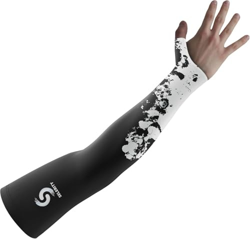 Selerity Gaming Arm Sleeve PC Sport open glove thumb hole compression esports gamers sleeve Paints Spray, White Black, Large