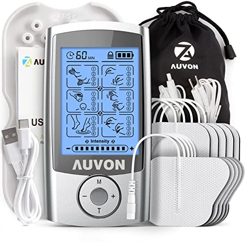 AUVON TENS electrostimulation appareil, un stimulateur musculaire anti-douleur rechargeable, avec 24 programmes d'entraînement, 2 canaux et 10 électrodes brevetées de haute qualité de 2 x 2