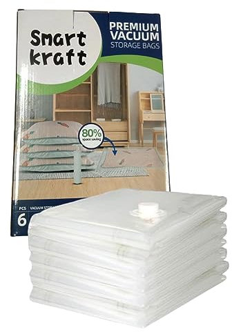 SMART KRAFT 6 PACK 80 X 60CM LARGE VACUUM STORAGE BAGS FOR CLOTHES, DUVETS, BEDDING, PILLOW, TRAVELING WITH DOUBLE ZIP SEAL