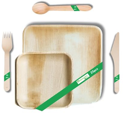 DISPOSABLE GREEN 125pcs Disposable Palm Leaf Plates and Cutlery Set, 25 Large Square Plates, 25 x Forks+Knives+Spoons, Eco Friendly Biodegradable (125 pcs (25pcs Each))