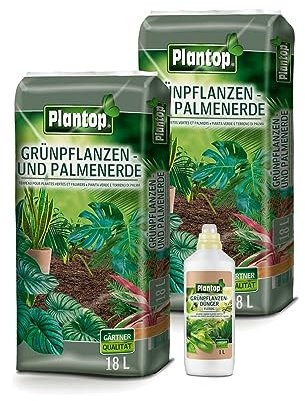 Plantop Grünpflanzenerde und Palmenerde vorgedüngt torfreduziert für alle Zimmerpflanzen, Balkonpflanzen Palmen und Farne Kultursubstrat + 1,0 Liter Grünpflanzendünger (36 Liter)
