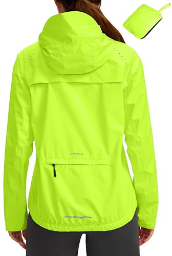 Bikewa Women's Cycling Rain Jackets Waterproof Windbreaker Lightweight Running Windproof Reflective Jacket Packable Hooded(Fluorescent Yellow,M)
