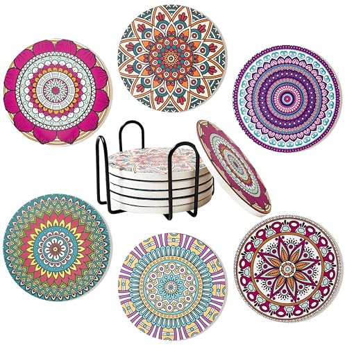 Ocves Coasters Set of 6, Absorbent Ceramic Drink Coasters with Holder, Round Coaster with Non-Slip and Scratch Resistant Cork Base for Coffee Table, Home Decor, Housewarming Gift (Mandala)