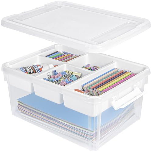 Creahaus 16L Organizers and Storage Box with Removable Tray, Durable Plastic Containers with Lids and Latching Buckles, Stackable Art & Craft Box for Art, Playdoh, Tool, Craft, Toy (WHITE)