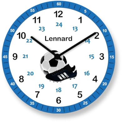Faramosa Kinder Wanduhr Fußball Lernuhr Blau mit Wunsch Name Mädchen Junge Schule Kinderzimmer Uhr Blau