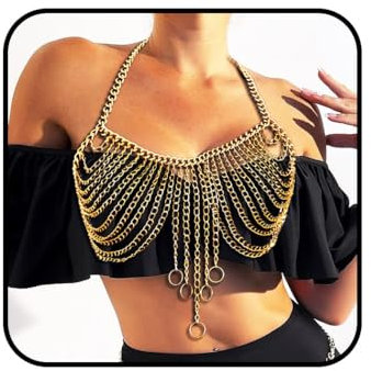 Ushiny Sexy Körperkette BH Gold Quaste Brustketten Körperzubehör Rave Kette Strand Bikini Körperkette Schmuck für Frauen und Mädchen