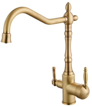 XJTNLB Grifo Cocina 3 Vías, Grifo Osmosis con 2 Palancas Antiguo | Griferia Cocina 3 en 1 Doble Salida Giratorio 360 grados Mezclador Fregadero con Agua Fría y Caliente y Agua Filtrada