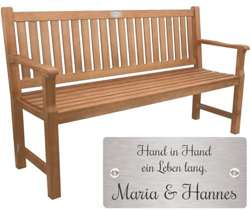 Sterngraf Goldene Hochzeit Bank mit Gravur-Schild zB. Wunschtext (Namen/Spruch), Gartenbank 150cm Holz Armlehnen-Bank, Edelstahlschild personalisiert Geschenk-Idee Jubiläumsbank 50. Hochzeitstag