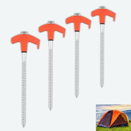 Homefantasy 4 Stück Drehbare Zeltheringe mit Gewinde,Erdanker für Harte Böden robuste Stahl-Heringe mit Gewinde und Seil-Halterung für Wald, Wiesen, Gras, Sandboden