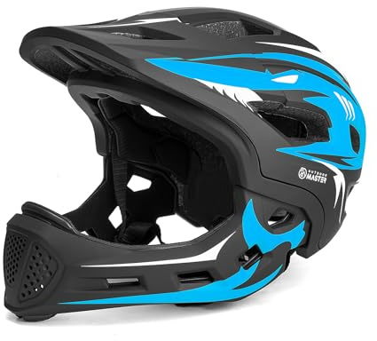 OutdoorMaster Kids Full Face Helmet - Adjustable Toddler Bike Helmet with Detachable Chin Pad - Suitable for Mountain & Road Cycling - Blue, XS