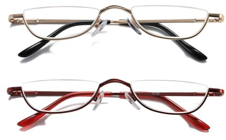 Hubeye 2 Pares Gafas de lectura de Media luna de metal para mujer y hombre con bisagra de resorte anteojos de lectura pequeña metálico de medio marco con Paño de Microfibra 2.50