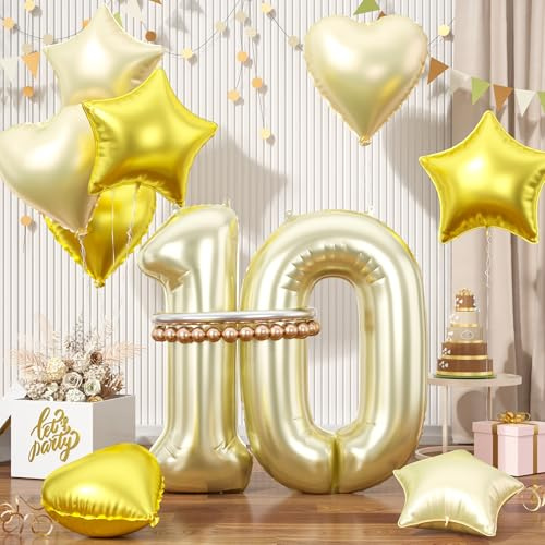 Champagne Gold Number 10 Balloons, 40inch Light Gold Balloon, Foil Star Heart Balloons With Metallic Long Balloon for 10th Birthday Party Graduation 1st Baby Shower Decorations