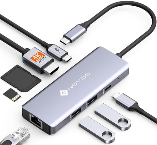 NOVOO R8C Pro 8-in-1 Multiport Adapter: 4K@60Hz HDMI, USB-C 3.0, USB-A 3.0, 2x USB-A 2.0, RJ45 Ethernet, SD/TF Card Slots - USB C Adapter for MacBook, Dell, HP, Lenovo & More