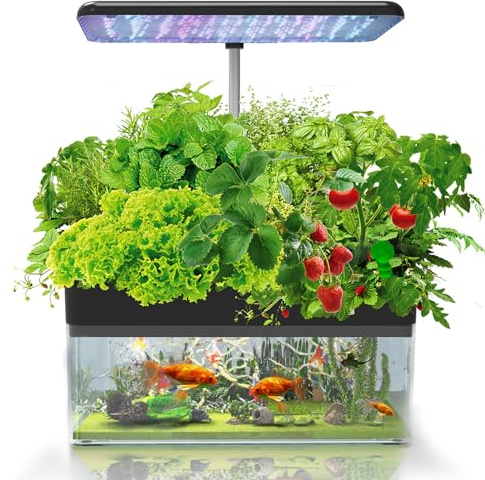 Aquaponic Fish Tank Hydroponics Growing System, 12 Pods Indoor Herb Garden Kit with LED Light, Automatic Timer, Adjustable Height, Silent Water Pump - Perfect for Growing Herbs
