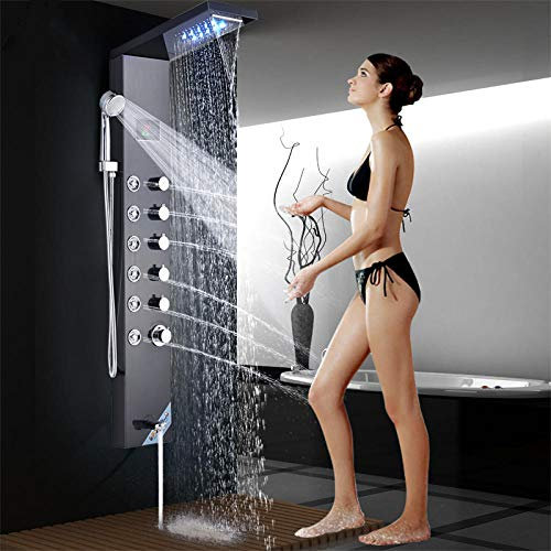 Colonne de Douche à écran numérique avec température et Panneau de Douche à LED en Acier Inoxydable, pommeau de Douche à Effet Pluie et Cascade, Jet de Massage Spa