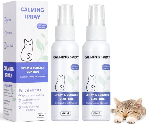 Aomig Beruhigungsspray für Katzen 2Pcs Beruhigendes Pheromon Set mit Stecker Lindert Ängste Stress Problemverhalten Gesichtspheromone für Katzen mit Beruhigender Entspannender Reisen Freien (120ml)