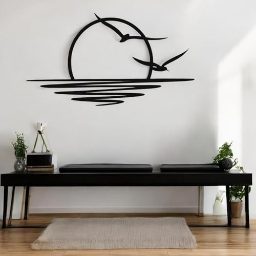Tubibu Metall-Wandkunst – Sonnen-Glitzer-Wanddekoration – schwarze minimalistische Linienkunst – Sonnenaufgang-Wandbehang für Wohnzimmer, Schlafzimmer, Einweihungsgeschenk im Freien (Medium)