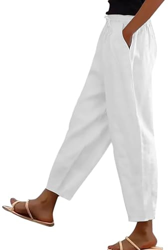 bolukets Leinenhose Damen 7/8 Leichte Freizeithose Casual Musselin Sommerhose Stoffhose Kordelzug Straight Leg Hose Mit Taschen