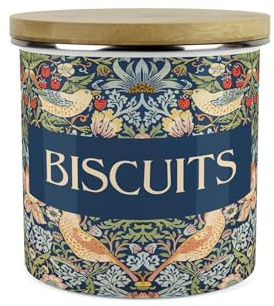 Purely Home Blue Strawberry Thief Small Biscuits Storage Canister - Morris Inspired Tapestry Artwork - Blue Floral Enamel Hot Drinks/Food Kitchen Container