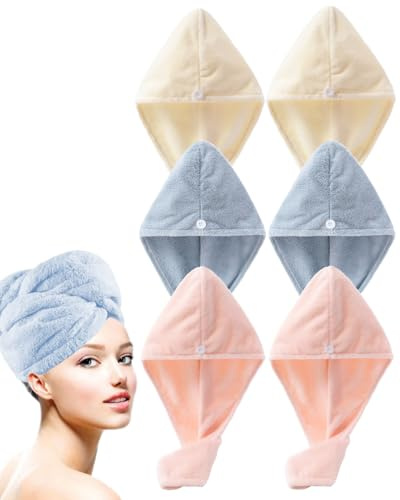 Lumimi Set di asciugamani turbanti per asciugacapelli, azzurro, rosa chiaro, bianco, 6 pezzi