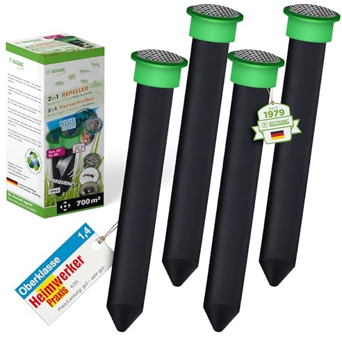 ISOTRONIC® Maulwurf Vertreiber Wühlmausschreck 4er Pack | Tradition seit 1979 | Maulwurfschreck wasserdicht IP65 | Plus blaues Licht gegen Wildtiere
