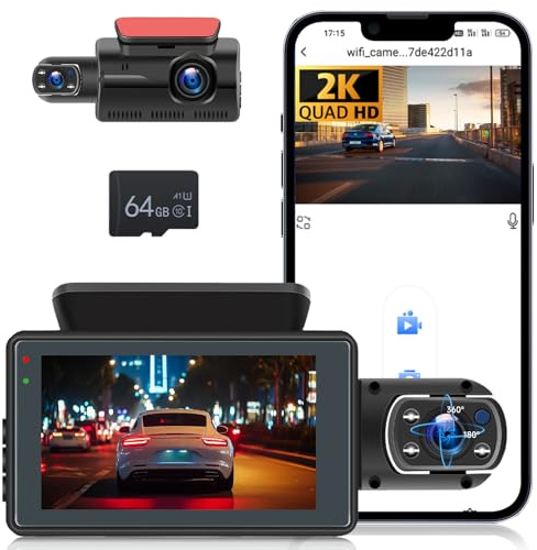 Hodozzy 1440P Dashcam,Dual Dash CAM Interior y Frontal Visión Nocturna, Grabación en Bucle, Detección de Movimiento, Monitor de Aparcamiento, Gran Angular, 3 Pulgadas Pantalla con Tarjeta 64GB
