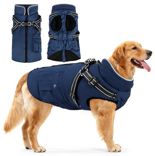 Woiil Hundemantel Hundejacke Wintermantel für Grosse Hunde, Hundemantel Winter mit Geschirr, Hunde Wintermantel Ärmellose Baumwolle Gepolsterte Weste Wasserdicht Warme Reflektierend, Navyblau XXL