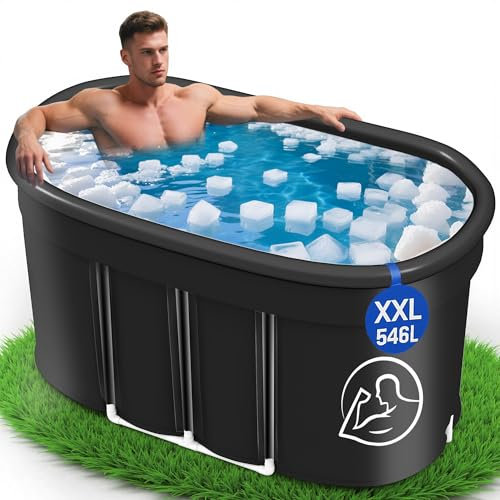 Newfulam Oval Ice Bath XXL (120 cm) with Cover Complete Set - Foldable Bathtub Adult Ice Bathing Barrel Outdoor Ice Bin Bath Outdoor Cold Therapy for Athletes