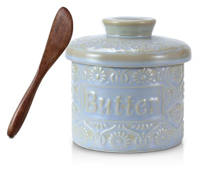 WIFORH French Design Ceramic Butter Crock, Vintage Relief Pattern, Airtight Water Seal for Spreadable Butter, Countertop Butter Crock with Lid, Light Blue
