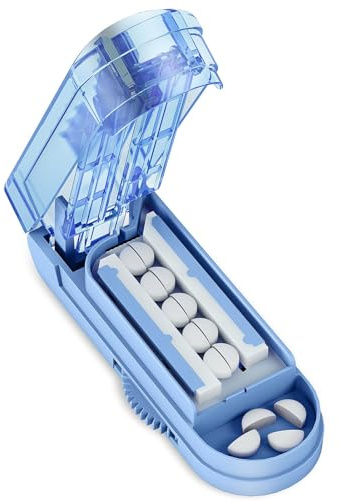 BUG HULL Tablettenteiler für Mehrere Pillen Auf Einmal, Tablettenschneider für Kleine Und Winzige Tabletten Und Große Tabletten, Pillenteiler Mit versteckter Schneide Aus Edelstahl (Blau)