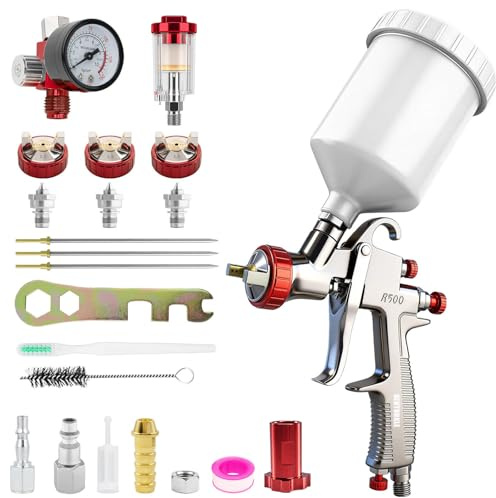 BENTOHKLE R500 LVLP Air Spray Gun Kit Car Paint Sprayer | 1.3/1.5/1.7mm Nozzles & Air Regulator Automotive R500 Paint Gun Sprayer for House Painting, Car, Furniture