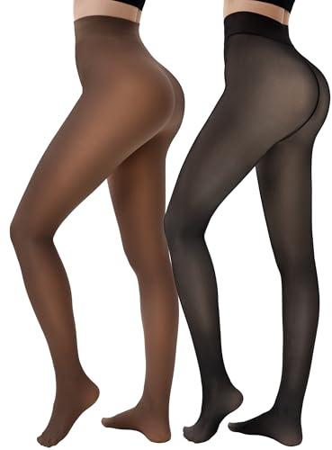 HONGTEYA 2 Pairs Fleece Lined Tights Women - Warm Sheer Pantyhose Fake Translucent Tights Winter Thermal Leggings (US, Alpha, X-Small, Regular, Regular, Fake Translucent Black+Coffee)
