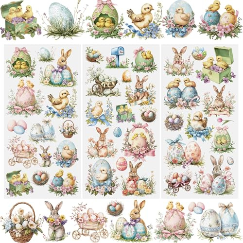 WANDIC 3 Bogen Rub On Sticker Ostern, Frohe Ostern Deko Ostereier Osterhasen Wasserdicht Aufkleber Vintage Gemälde Stil Handarbeiten Rub Ons Frühling Aufkleber für Glas Keramik Holz Möbel, 15x30cm