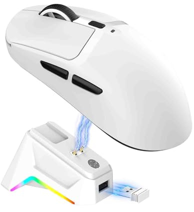 Cuifati Kabellose Gaming-Maus mit Magnetischer Ladestation, BT/2,4G Kabellose/kabelgebundene Leichte Maus, Hochpräziser Sensor und Programmierbare Makros für PC/Laptop (White)