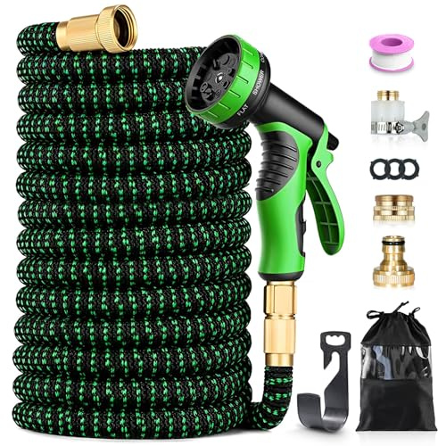 Tubo Giardino Estensibile con Pistola 10 Funzioni, Tubo Irrigazione Flessibile Antitorsione in Lattice a 3 Strati, Connettori in Ottone Massiccio, Tubo Acqua per Giardinaggio e Prato