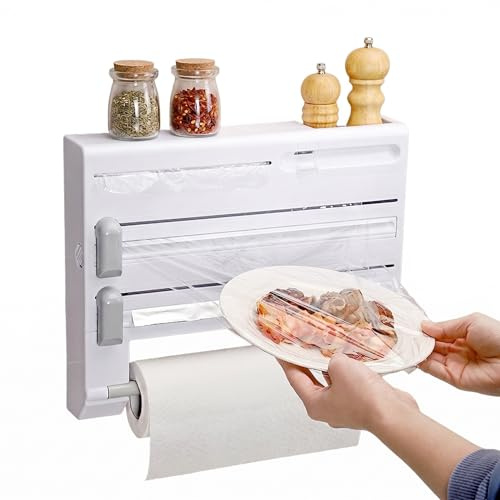 6-in-1 Organizer für Alu und Frischhaltefolie mit Schneidevorrichtung, Küchenrollenhalter und Gewürzregal zur Wandmontage