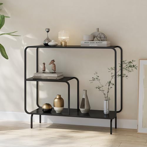 [en.casa] Konsolentisch schmal Færder Beistelltisch Metall Wohnzimmertisch mit offenem Fach 92 x 33 x 82 cm Flurtisch mit unteren Ablagen Schwarz matt