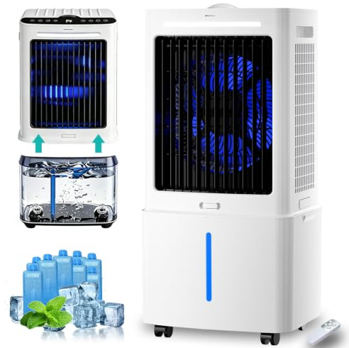 4-in-1 Windowless Portable Air Conditioners with 25 L Detachable Tank, Humidifying Swamp Cooler with 3 Speeds, 12 H Timer & 90°Oscillation, 6 Ice Boxes for Home, Office, Bedroom, White