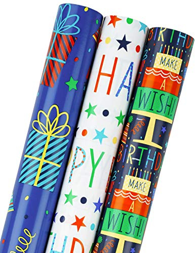 RUSPEPA Presentpappersrulle – minirulle – 43,2 cm x 305 cm per rulle – 3 olika födelsedagsdesigner (3,95 m² totalt)