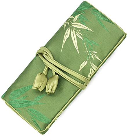 SmilerSmile Jewelry Travel Bag Embroidery Travel Jewelry Organizer with Tie Close Embroidered Flower Jewelry Roll for Women Girls (Bamboo Green)