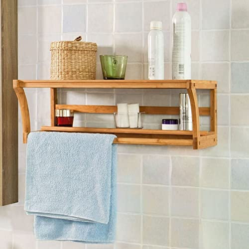 Abaseen Bamboo Wall Mounted Bathroom Shelf with Towel Rail, Wall Mounted Storage for Bathroom, Spa, Kitchen, and Household Items