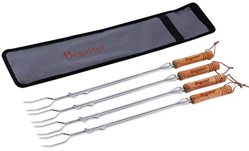 Begatter Grillspieße Lagerfeuer, Marshmallow Spieße Ausziehbar 75cm Lange, Teleskop Barbecue Camping Grillgabel für Würstchen, mit Holzgriffen Inkl. Tasche