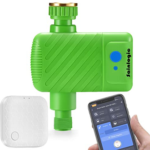 Sainlogic Bewässerungscomputer WLAN, Bewässerungssystem mit Zusätzlichem 2.4 GHz WiFi Smart Hub, App Fernzugriff, Automatische Bewässerung, IP66 Wasserdicht, Wassermengenzähler, für Garten/Rase (Grün)