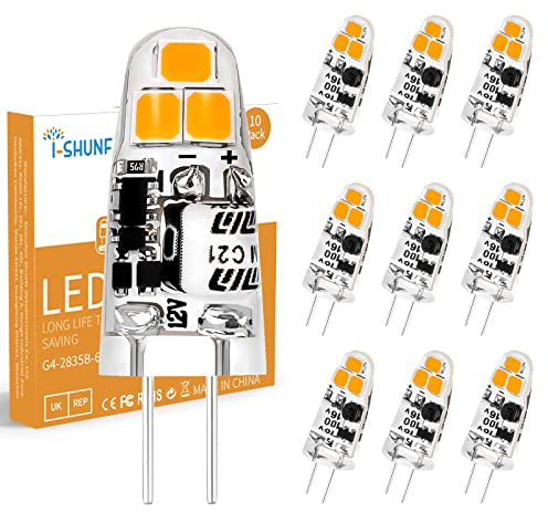 I-SHUNFA 12V G4 LED Bulb,1.2W AC/DC 120LM Warm White 3000K,10 Pack | Equivalent to 15W/20W Halogen Lamps Replacement,Non-dimmable,Highly Transparent Silicone,Crystal Spotlight Bulbs