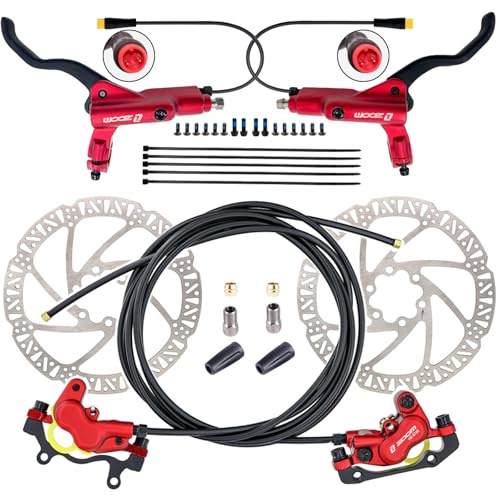 CooMeng Zoom HB876E 2-PIN 4-Pistons E-Bike Electric Power-Off Hydraulic Brake Set with 180mm Rotors, Pre-Bled Hydraulic Disc Brake Caliper Lever for eBike (Included Mounting Adapter) - Red
