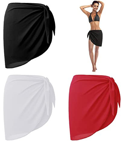 3 Strand Wickelschürzen, Sonnenschal Chiffon Wickelkleid 140 x 50 cm Chiffon Badeanzug Damen Mädchen (Schwarz Weiß Rot)