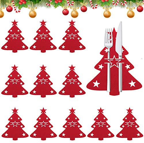 REFORUNG 12 Stück Weihnachten Besteckhalter Weihnachtsbaum Bestecktasche Filz Besteckbeutel Weihnachten Gabeln Löffel Besteck Halter Taschen Weihnachten Tischdeko für Party Abendessen Esstisch Deko